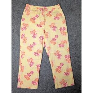 LILLY PULITZER Pants Yellow Pink Hibiscus Floral Pull On Pants Sz 8 Cotton Lined